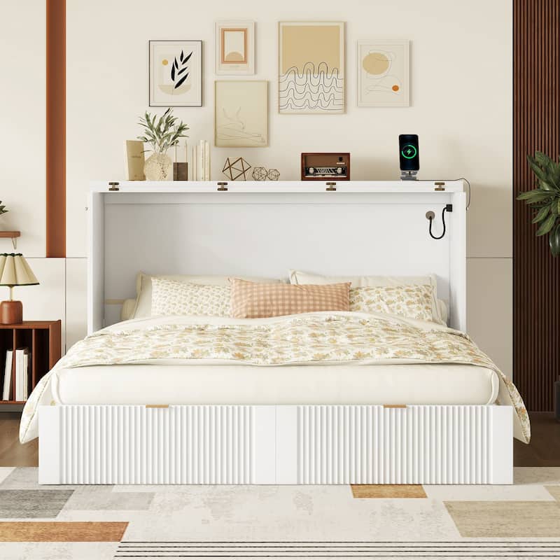 Murphy Bed with Pulley Structure Design,Drawer and USB Ports for Bedroom