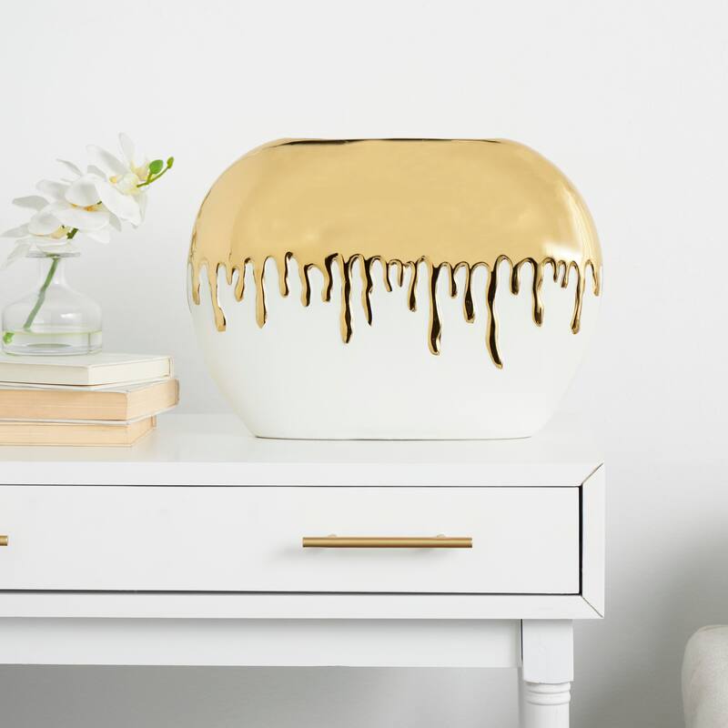 CosmoLiving by Cosmopolitan Black or White Ceramic Vase with Abstract Gold Melting Drips - White