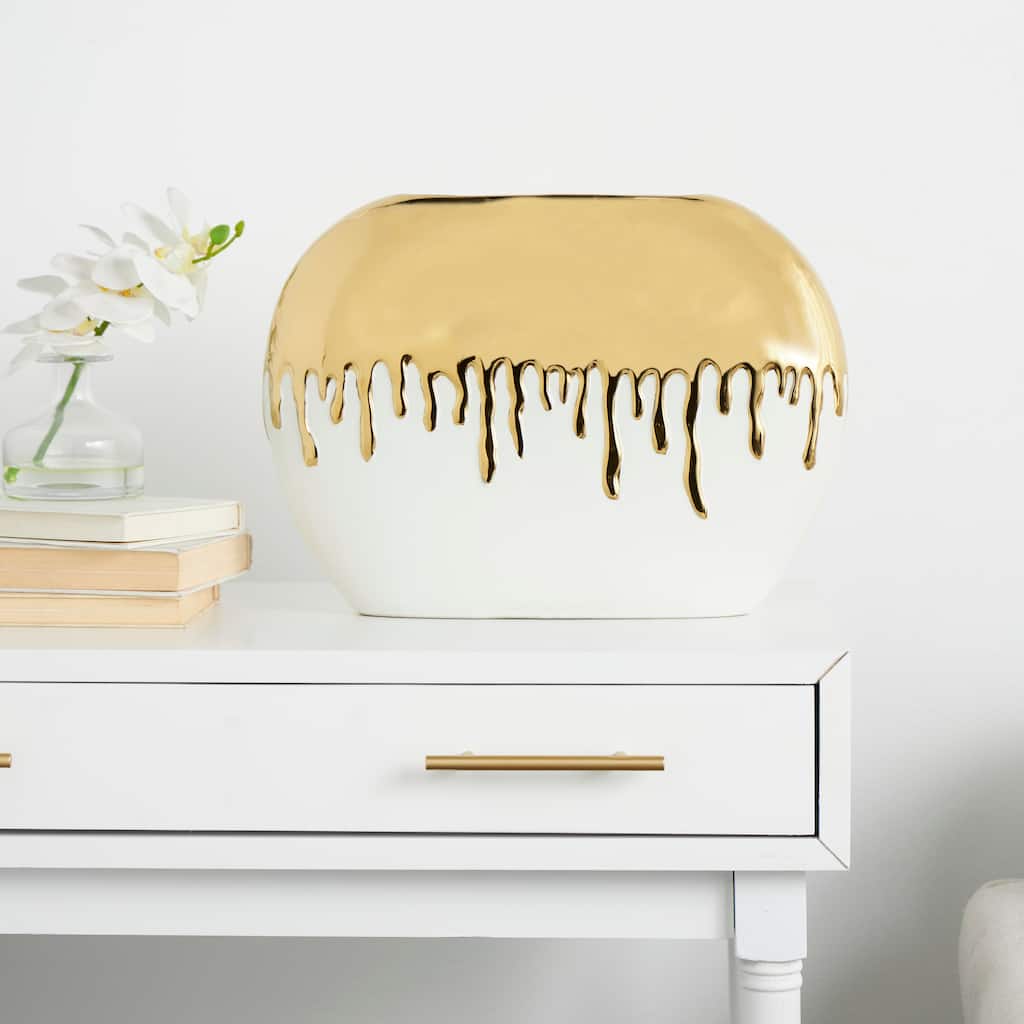 CosmoLiving by Cosmopolitan Black or White Ceramic Vase with Abstract Gold Melting Drips