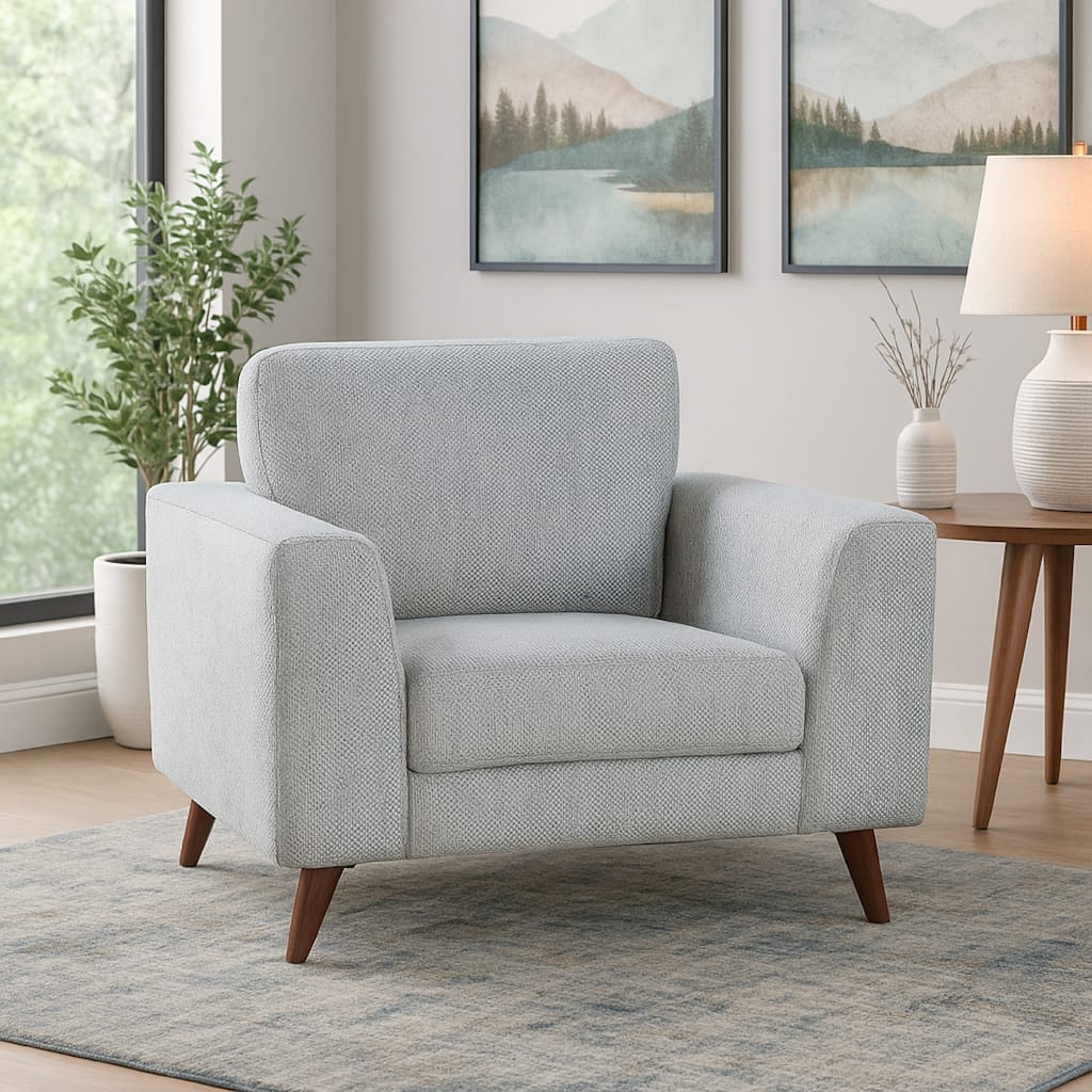 Ricca Armchair, Blue Gray Chenille, Foam, Angled Brown Wood Legs