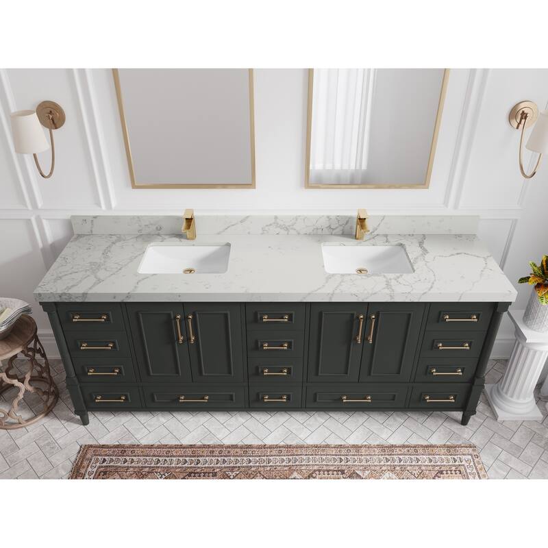 Willow Collections 84 in. W x 22 in. D Aberdeen Double Bowl Sink Bathroom Vanity with Countertop - 2" Venatino - Black Top