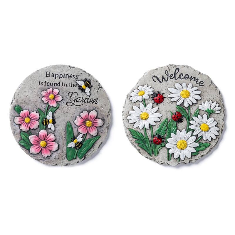 Glitzhome 2-Piece Cement Flower Textured Stepping Stones Garden Decor - 10 in