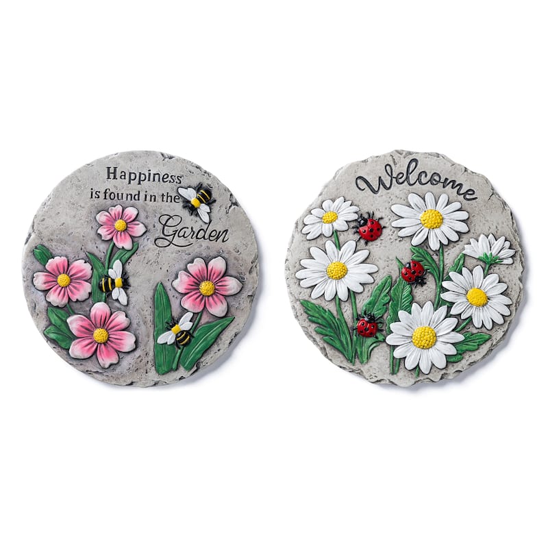 Glitzhome 4-Piece Cement Flower Textured Stepping Stones Garden Decor - 10 in