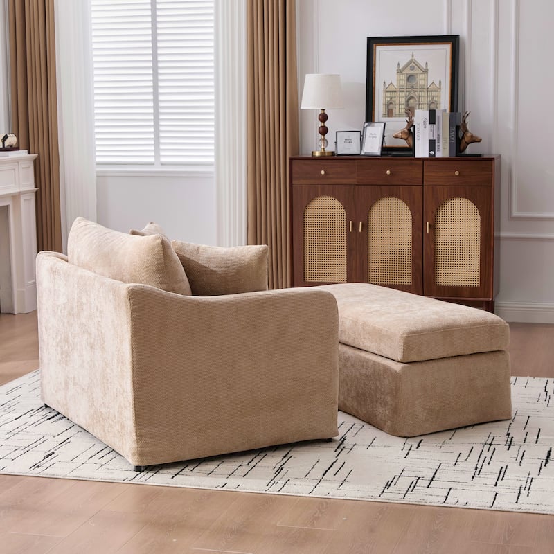 Set of Modern Chenille Accent Chair and Storage Ottoman