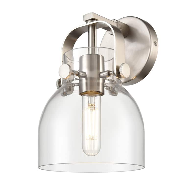 Innovations Lighting 423-1W-10-7 Pilaster II Bell Sconce Pilaster II - Satin Nickel / Clear