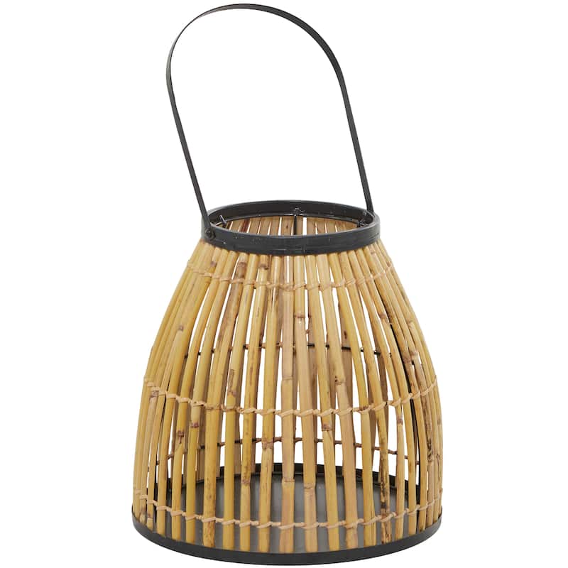 Brown Wicker Handmade Slatted Frame Decorative Candle Lantern with Handle - 13"W x 15"L x 13"H - Brown