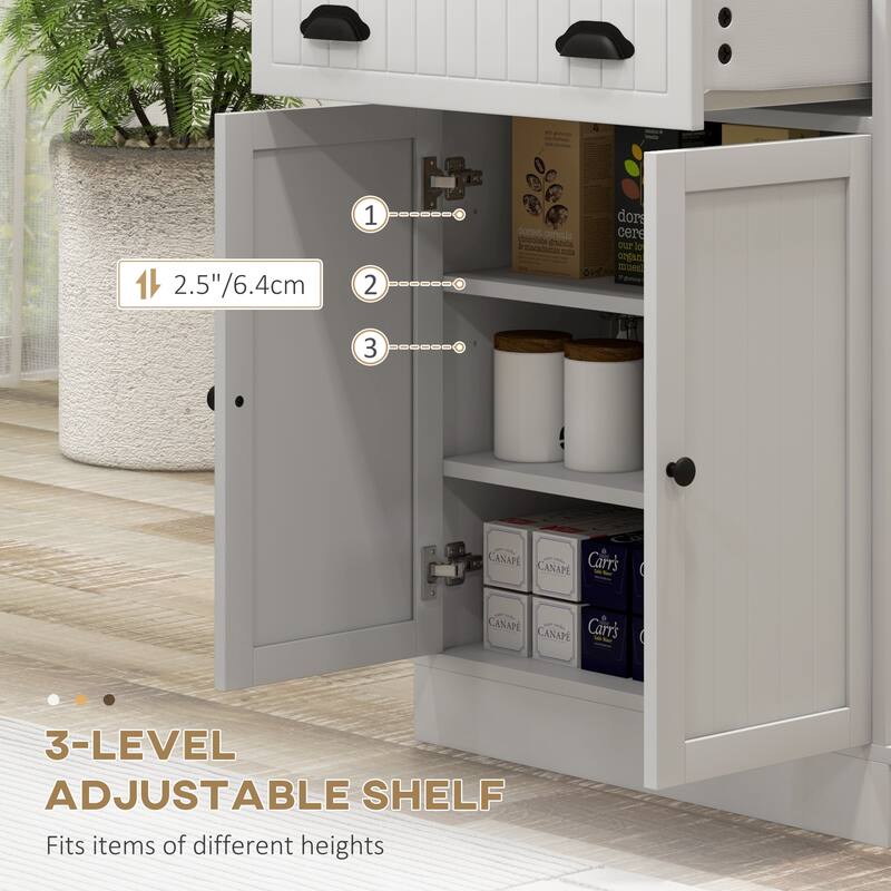 White Microwave Cabinet with Drawer and Adjustable 3 Tier Storage for Kitchen Organization - 24" W x 13.8" D x 49.4" H