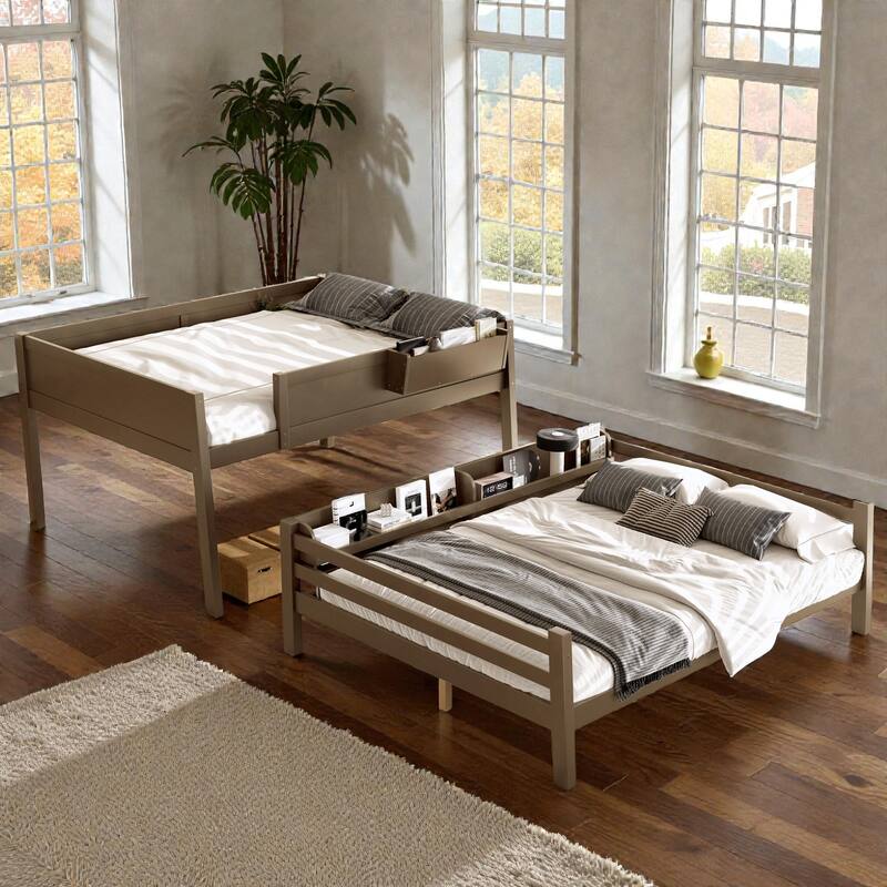 Wooden Bunk Bed Frame with Built-In Storage Shelves, Convertible to Two Beds, No Box Spring Needed