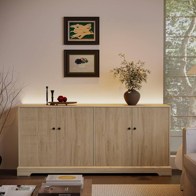 Mid-Century TV Stand Sideboard Cabinet with 4 Fluted Doors Storage & LED Light