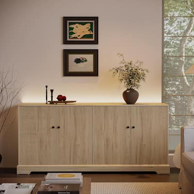 Mid-Century TV Stand Sideboard Cabinet with 4 Fluted Doors Storage & LED Light