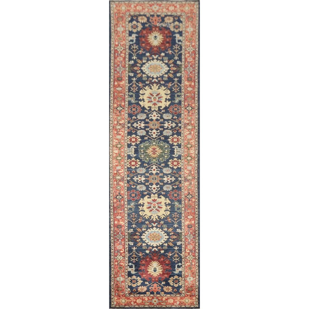 Hand Knotted Oriental 100% Wool Carpet Traditional All-Over Navy Blue & Blues Ziegler Runner Rug - 11' 6'' X 2' 6''
