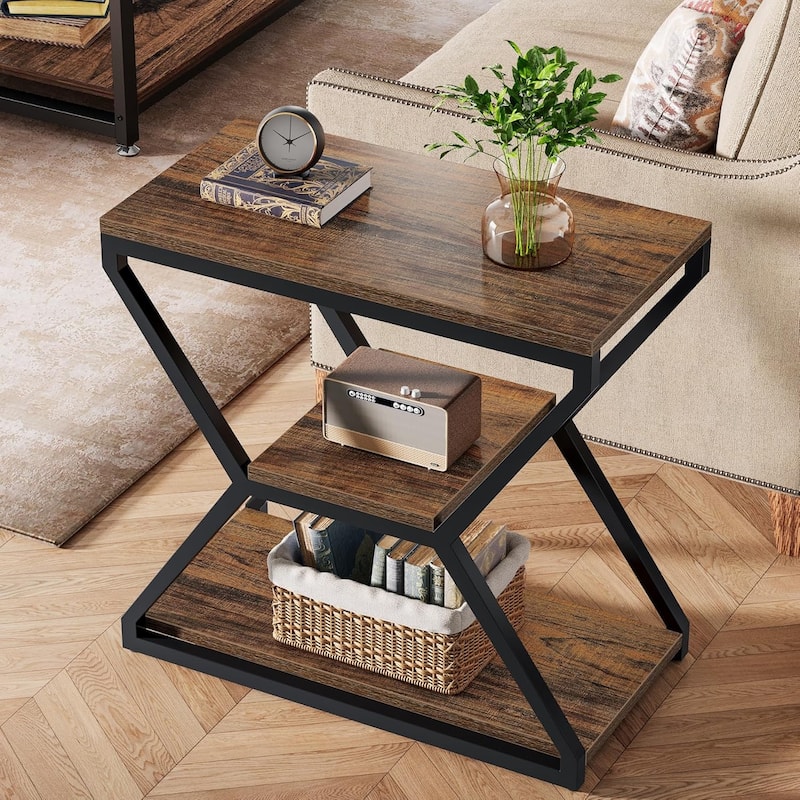 Industrial End Table, Small 3-Tier Side for Living Room - Brown - MDF