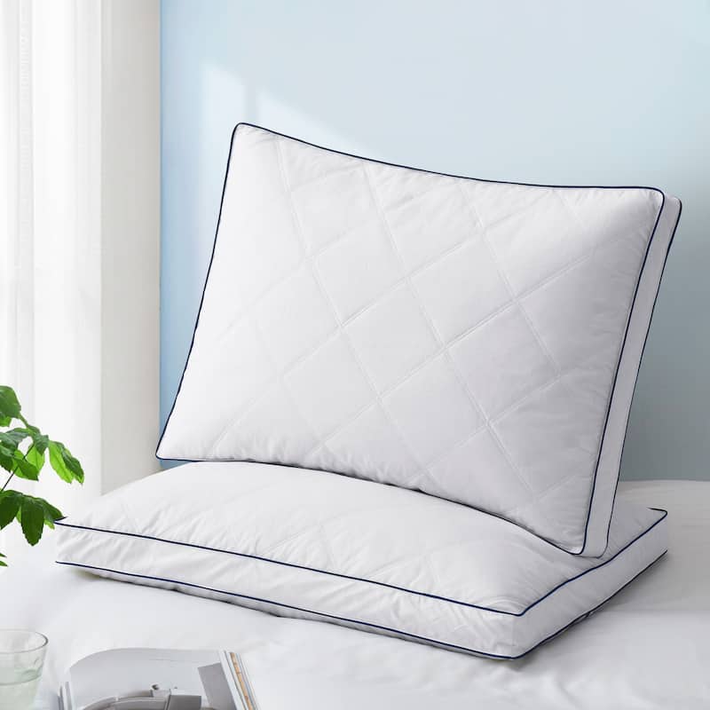 Gusseted Quilted Goose Feather Down Bed Pillow Cotton Cover Set of 2 - White