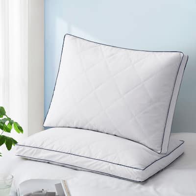 Gusseted Quilted Goose Feather Down Bed Pillow Cotton Cover Set of 2 - White