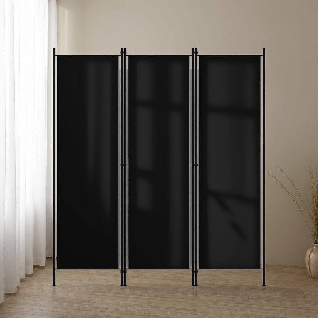 Dina 3 Panel Room Divider Screen, Black Fabric and Iron, 71 Inch