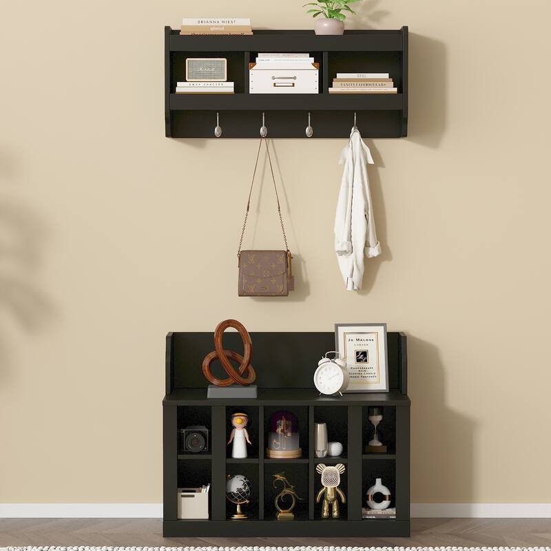 Contemporary Wall-Mounted Coat Rack with Shoe Bench and Storage Shelves for Entryway Use - Black