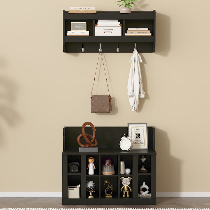 Shoe Storage Bench with Shelves & 4 Hooks - Wall Mounted Hall Tree