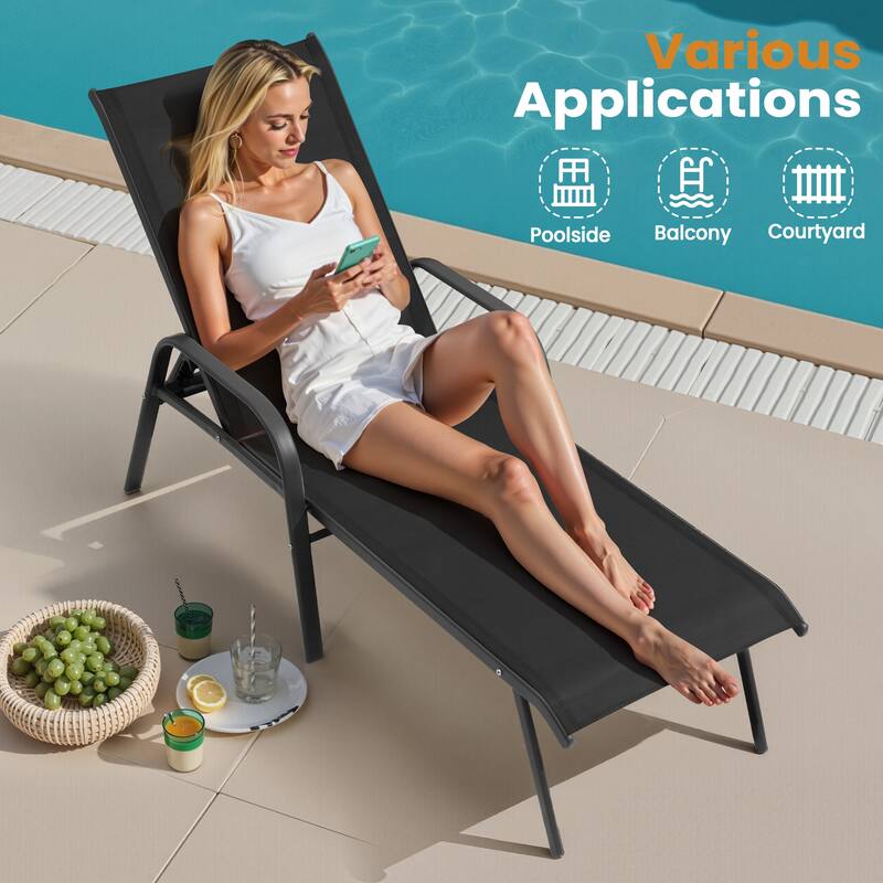 Outdoor Patio Adjustable Back Chaise Lounges Chairs with Arms(Set of 2 )