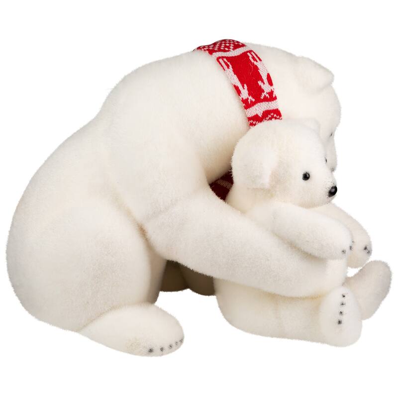 Sitting Polar Bear Mom and Cub Christmas Figure - 14.5" - White and Red