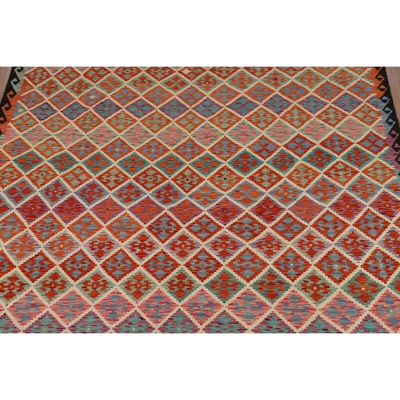 All-Over Trellis Kilim Area Rug Flatweave Wool Carpet - 8'3" x 9'10"