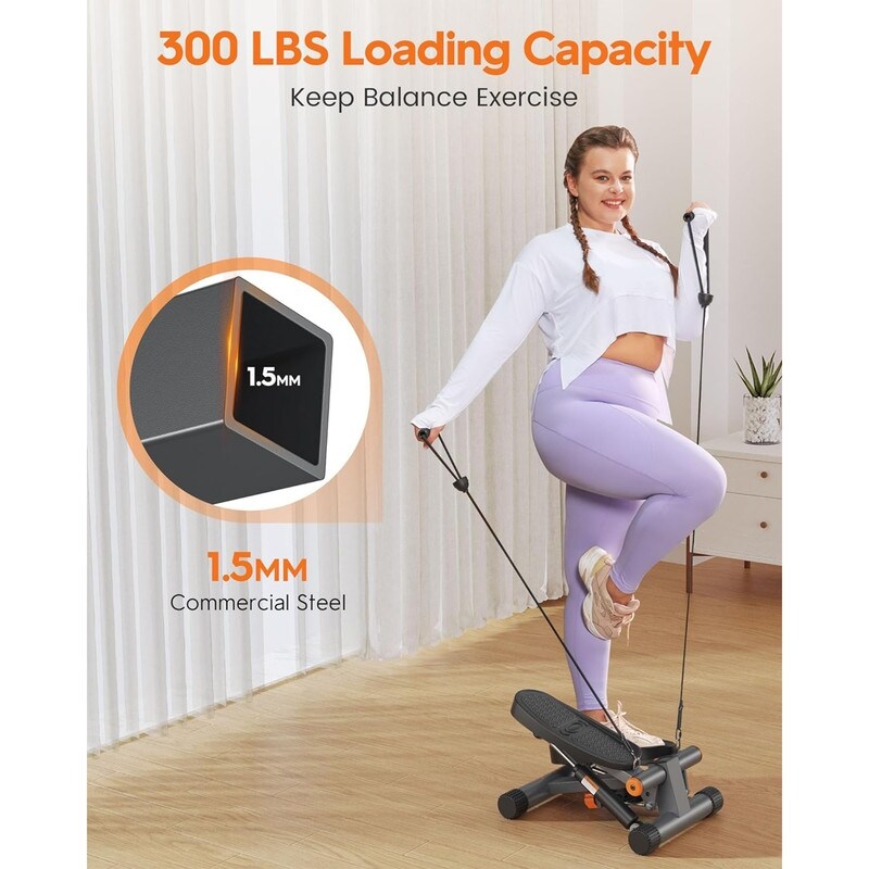 Hydraulic Fitness Stepper with Resistance Bands 300 LBS Load Capacity with LCD Display 12.5 x 13.5 x 16 inches Black