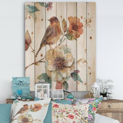 Designart 'Farmhouse Bird on Flower Branch' Pine Print - Multi-color