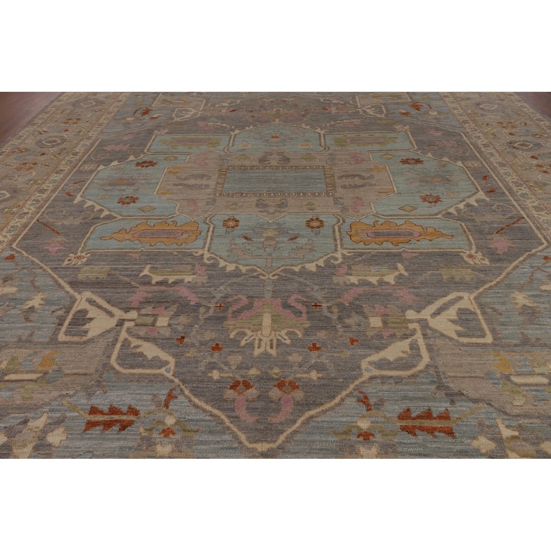 Geometric Gray Oushak Turkish Large Area Rug Hand-Knotted Wool Carpet - 12'1"x 14'6"