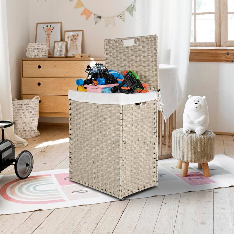 Grey Laundry Hamper with Lid - Durable PE Rattan Powder-Coated Frame, Includes 2 Removable Bags, 100L Capacity
