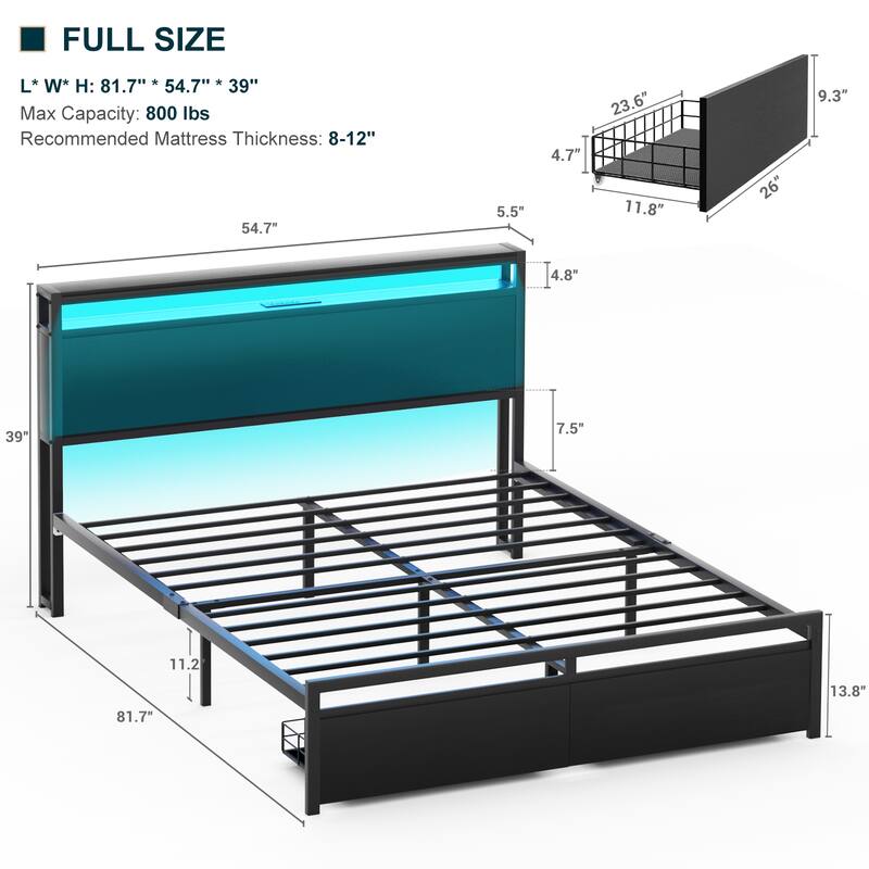 Platform Bed with Storage Headboard, Bed Frame with Charge Station and LED Light