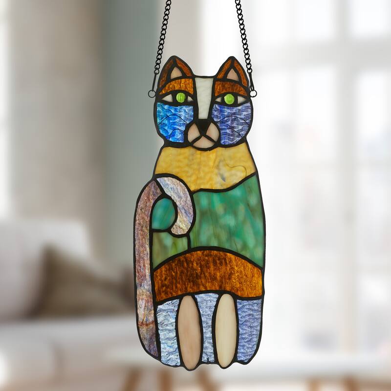River of Goods 13-in. Crazy Cat Stained Glass Window Panel - Purple