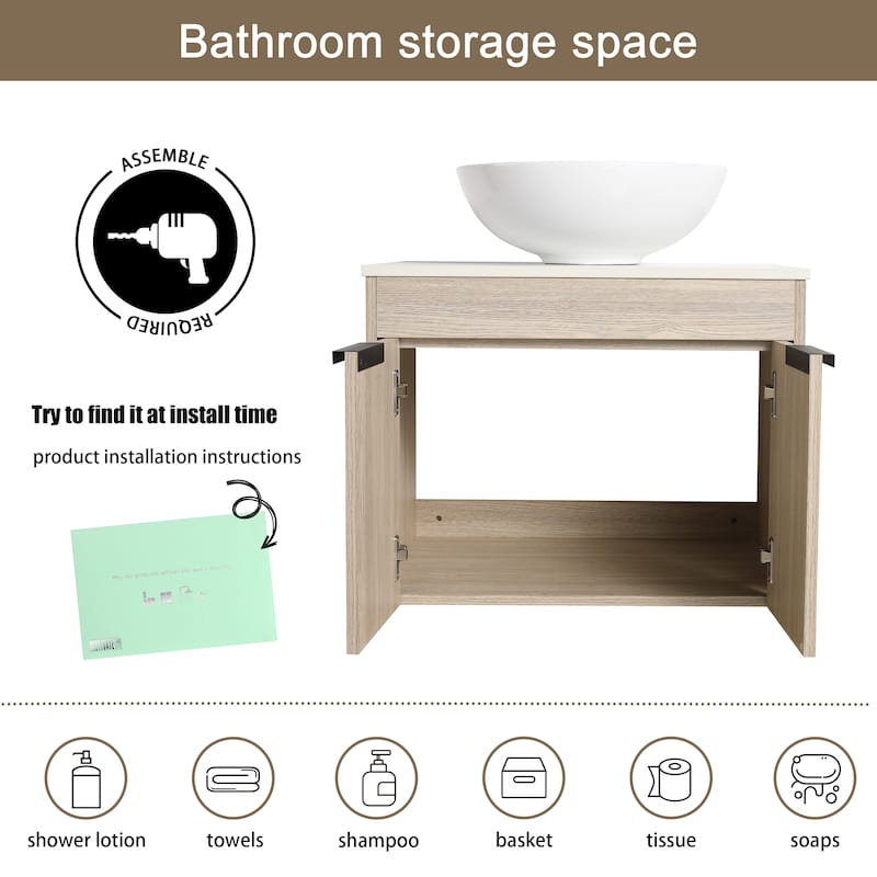 Malwee 24"/30" Floating Bathroom Vanity, Wall Mounted Bathroom Vanity with Ceramic Sink,Soft Close Doors