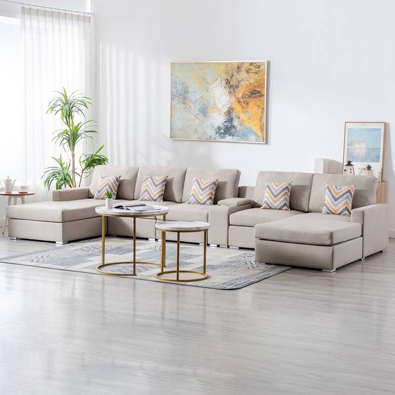 Linen Fabric 6 Piece Double Chaise Sectional Sofa with Storage Console Table and 5 Pillows