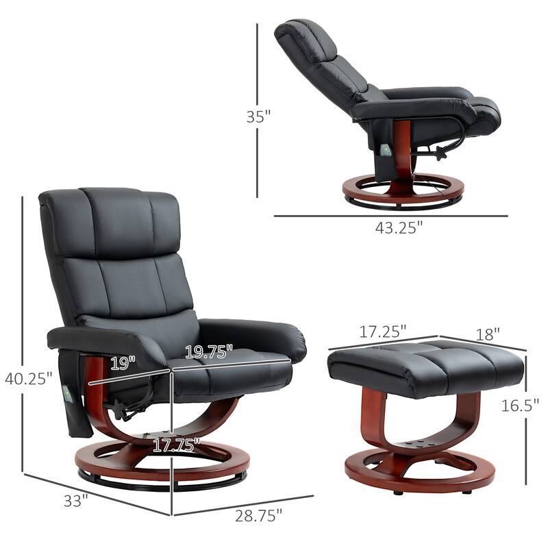 Black Modern 28.8" High Back Swivel Recliner Chair with Ottoman