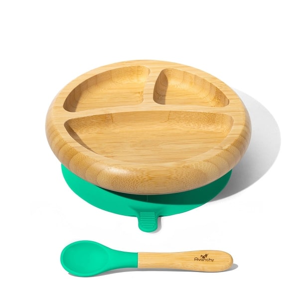 slide 2 of 9, Baby Divided Plate With Spoon Bamboo and Silicone Green