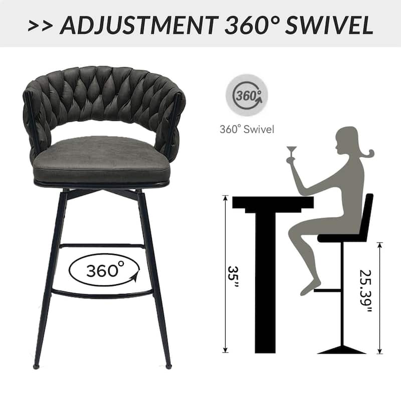 360 Swivel Leather Woven Bar Stool with Back Footrest (Set of 2)