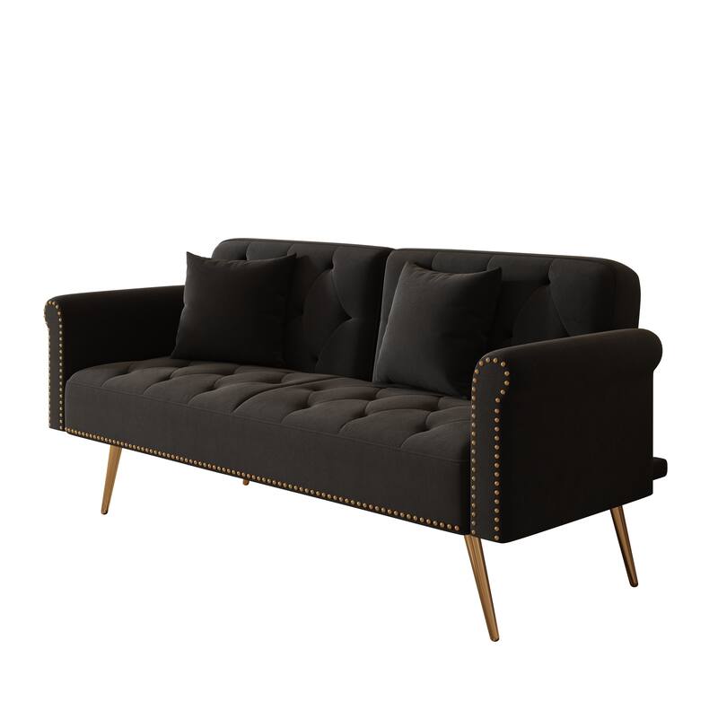 69.7" Velvet Sofa Bed with Nailhead Trim & Pillow - Modern 2-Seater Sleeper