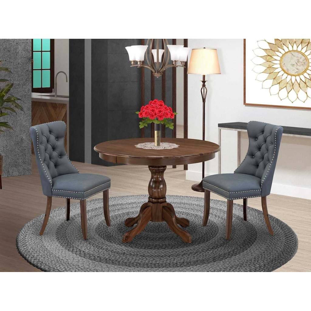 3-Piece Antique Walnut Finish Solid Wood Top-Round Dining Room Set-Seats 4