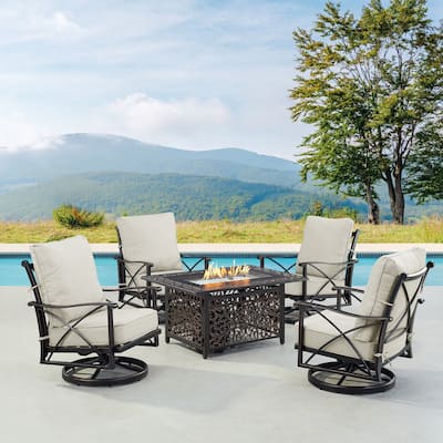 Black Aluminum Fire Table Set with Four Club Chairs