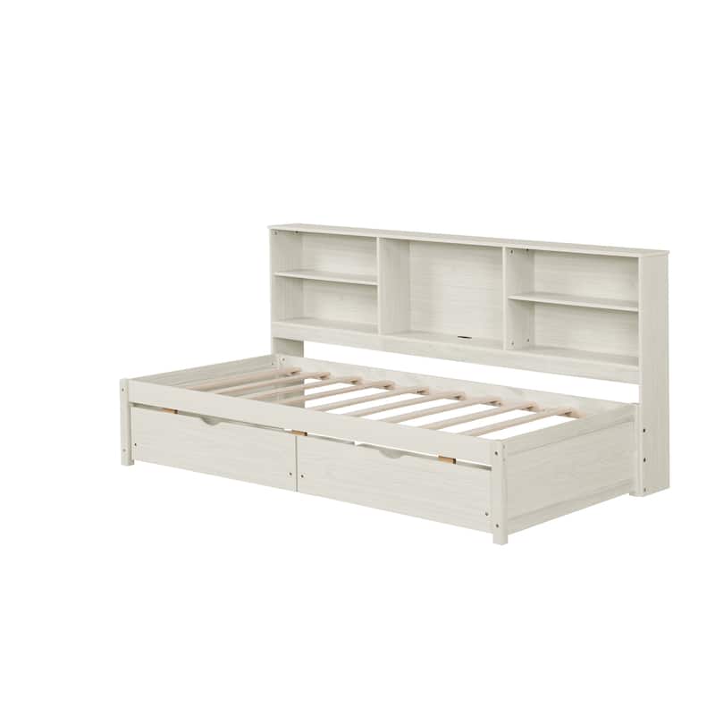 Twin Platform Bed with Bookcase, USB Charging & 2 Storage Drawers