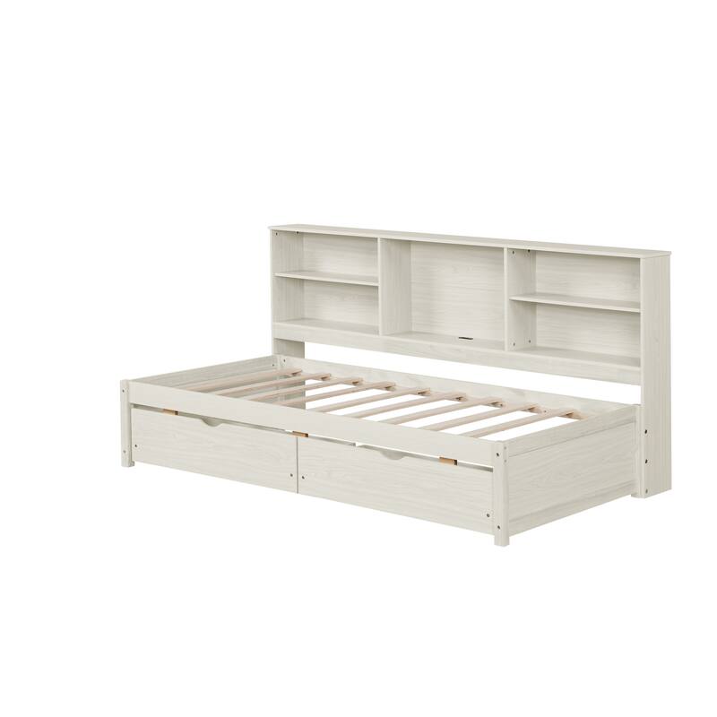 Twin Size Bed Frame with Side Bookshelves, Drawers, and USB Port in Creamy White