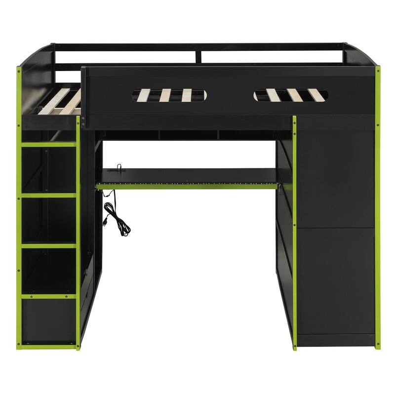 Full Size Wood Loft Bed with Desk,Wardrobe,Ample Storage Space,and RGB LED Light