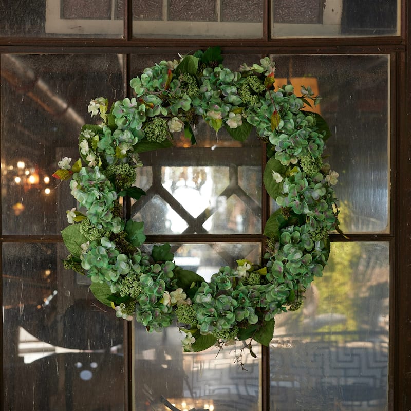 Hydrangea and Sedum Spring Floral Artificial Wreath - 32" - Green