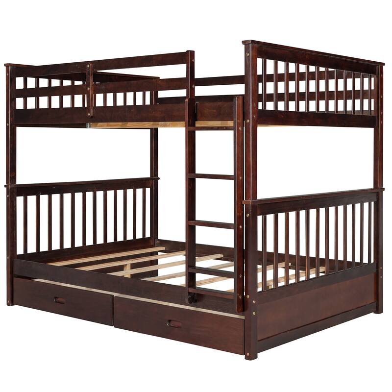 Full Over Full Bunk Bed with Drawers, Full Size Bunk Bed, Solid Wood Bunk Bed Frame with Ladders & 2 Storage Drawers