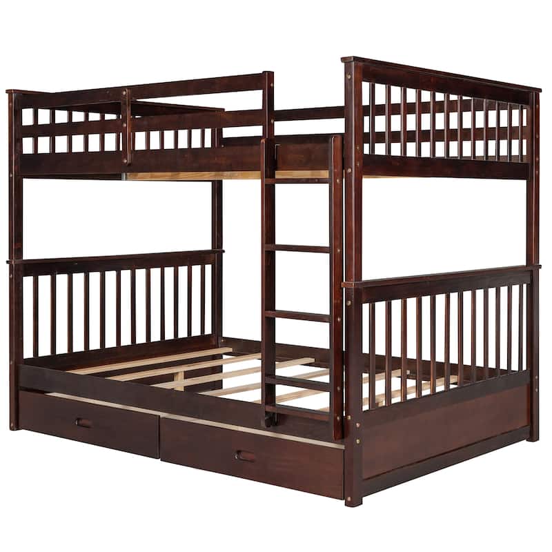 Full-over-Full Bunk Bed with Ladders and Two Storage Drawers, Headboard & Footboard, Full-Length Guardrail Top Bunk