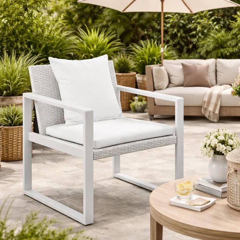 Lark 28 Inch Outdoor Armchair, All Weather Rattan Backrest, White Fabric