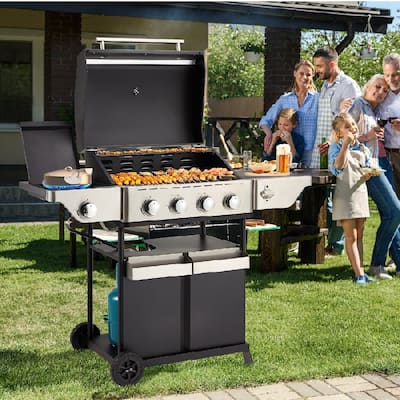 Outdoor BBQ Gas Grill - 58K BTU, Stainless Steel, with Stove & Side Table, perfect for camping, picnics, and gatherings
