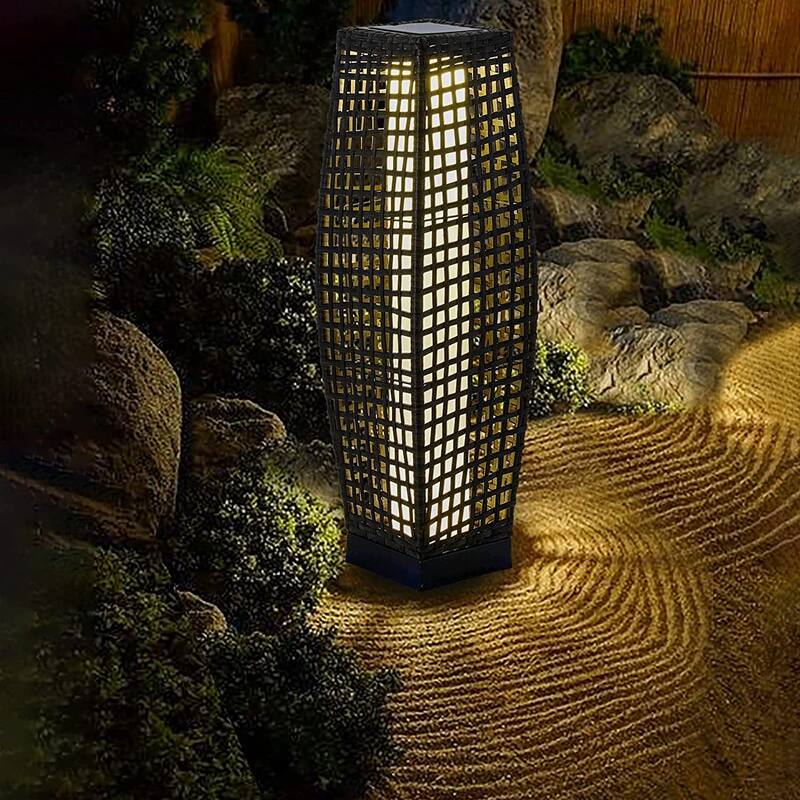 Outdoor Floor Lamp, Large-Sized Solar Powered Rattan Light, Weather-Resistant Rattan Floor Lamp for Patio, Deck and Garden