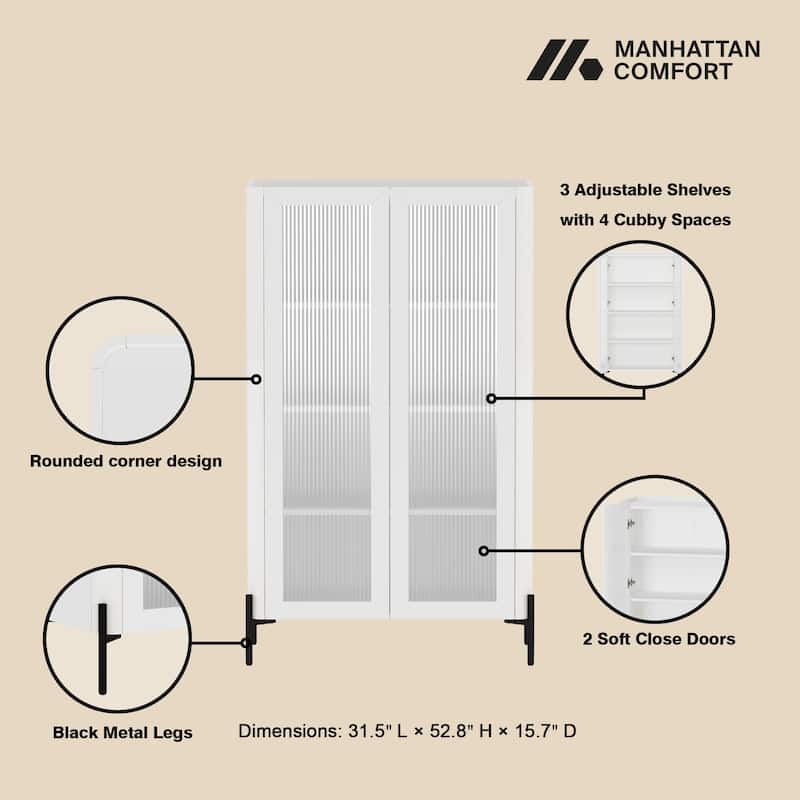 Manhattan Comfort Modern Abbey Décor Ribbed Tempered Glass Cabinet with Adjustable Shelves in White