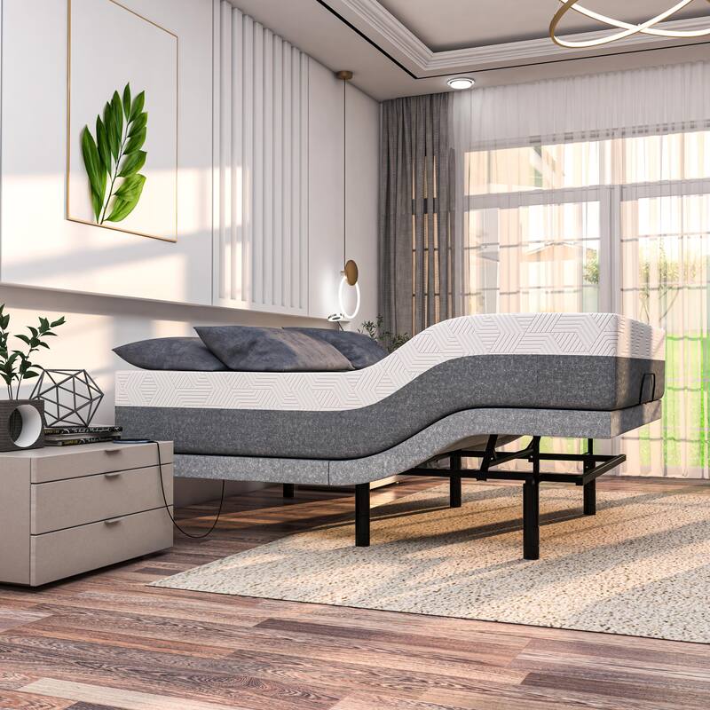 Renanim Adjustable Bed Base with 14-inch Medium Gel Memory Foam Mattress, Dual Massage, USB Ports, App, Remote - Queen