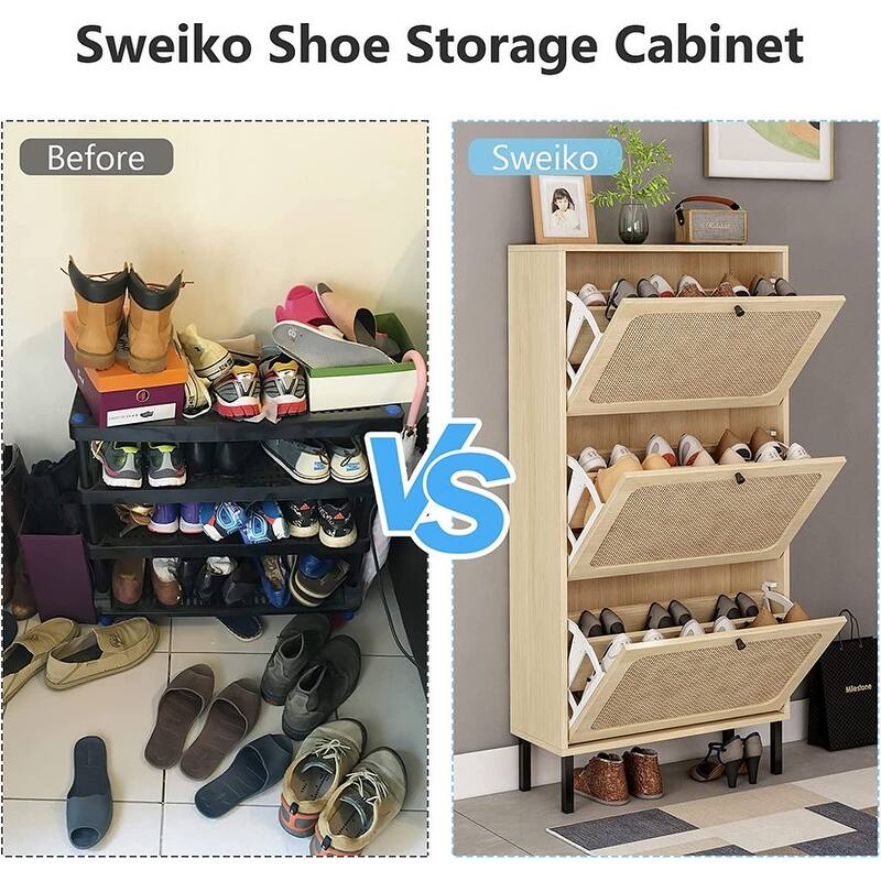 Boho Shoe Cabinet with 3 Rattan Flip Drawers, Free Standing Wood Entryway Shoe Rack, Hallway Shoe Organizer